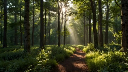 The serenity of a forest clearing, dappled with sunlight filtering through tall, swaying trees  ai_geneated