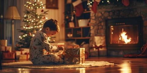 Imagine a heartwarming Christmas setting a child eagerly unwrapping presents by the fire on a cozy night brimming with love, happiness, and holiday spirit in a beautifully adorned house