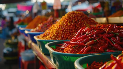Fototapeta premium Vibrant Thai Market Morning: Neat Rows of Spice Stalls in Soft Light