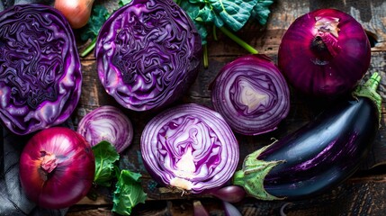 Obraz premium Purple cabbage and eggplant on a wooden table.
