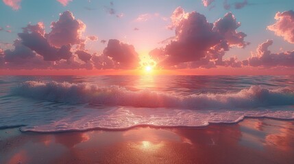 Serene pink sunset over the ocean, capturing the beauty of rippling waves and a peaceful beachscape ideal for calm, travel, and relaxation theme