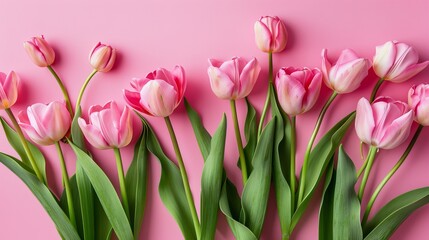 Obraz premium Bouquet of Pink Tulips on Pastel Pink Background for Valentine's Day, Easter, Birthday | Spring Flowers Flat Lay with Copy Space