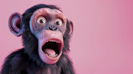 Cute cartoon monkey is excited and shocked isolated on pink background. 3D illustration.