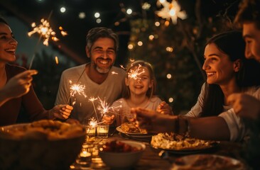 A family is happily celebrating together at night with sparklers, treasuring moments of joy and unity with bright smiles and laughter. The atmosphere is festive and full of love and connection