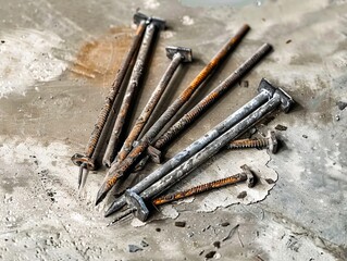 A pile of nails on a concrete floor.