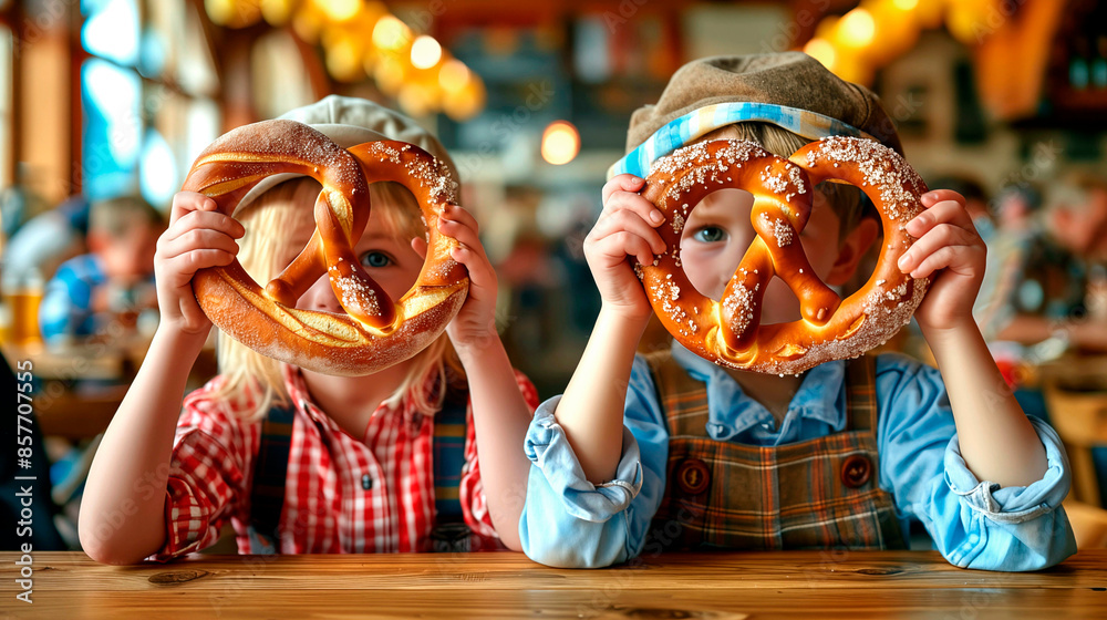 Wall mural Two children have fun and goof around with large Bavarian pretzels during Oktoberfest celebrations in Germany. Hyper-realistic photo, high quality.