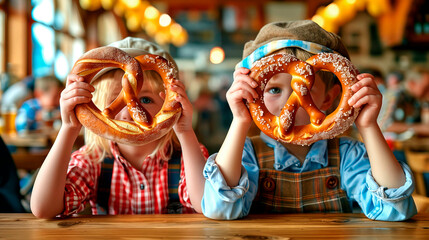 Two children have fun and goof around with large Bavarian pretzels during Oktoberfest celebrations in Germany. Hyper-realistic photo, high quality.