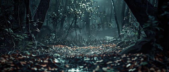 Mystical Forest Pathway with Fallen Leaves and Enchanting Light in a Dark, Foggy Woodland