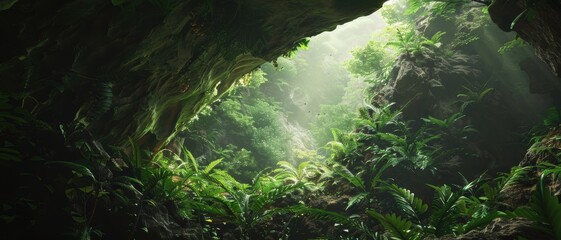 Lush Green Tropical Jungle Cave with Sunlight Streaming Through the Canopy