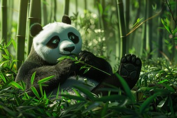Obraz premium Cute giant panda sitting and eating bamboo in a lush bamboo forest, soft fur. The concept of the national symbol of China, representing sincerity, friendliness, tolerance and kindness. 