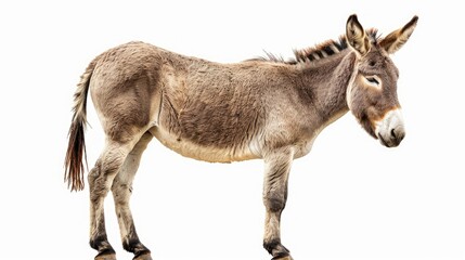 Obraz premium Donkey in a standing pose with tail relaxed, isolated on a white background, great for nature and wildlife themes.