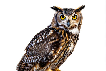 Naklejka premium owl, isolated, white background, bird, nocturnal, wildlife, raptor, bird of prey, feathered, high resolution, cutout, predatory, majestic, closeup 