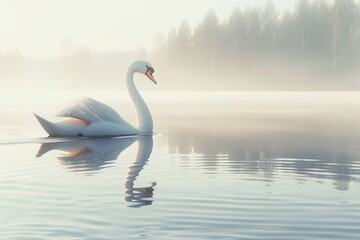 Fototapeta premium An elegant swan gliding gracefully on a calm lake, reflections in the water, serene atmosphere.