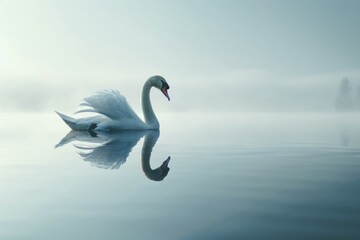 Fototapeta premium An elegant swan gliding gracefully on a calm lake, reflections in the water, serene atmosphere.