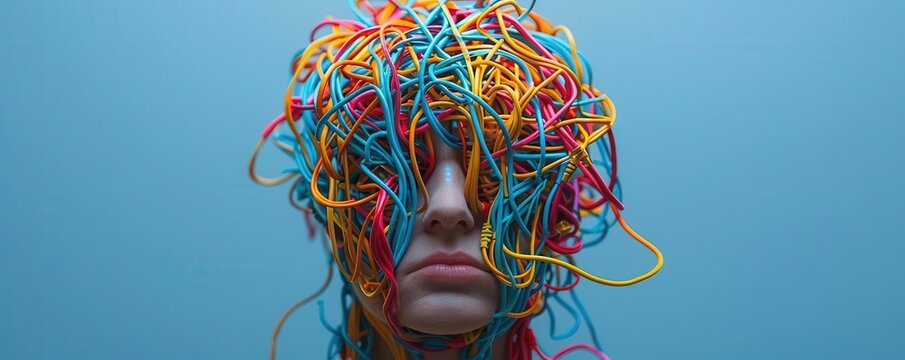 Person's head filled with tangled wires, representing confusion and chaotic thoughts, Chaotic Mind, Confused State