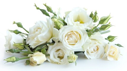 Obraz premium Delicate Bouquet of White Roses and Eustoma Flowers, Elegant Floral Arrangement Isolated on White Background