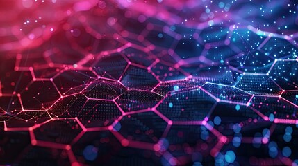 Obraz premium Futuristic hexagon wave with vibrant colors and moving dots and lines, ideal for tech-related visuals.