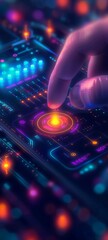 A close-up of a hand adjusting a control panel with colorful lights, evoking a futuristic, high-tech atmosphere.