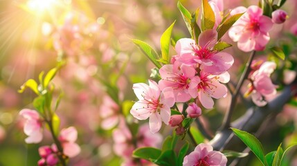 Obraz premium Peach blossoms in a sunny garden, highlighting the natural beauty of spring blooms.