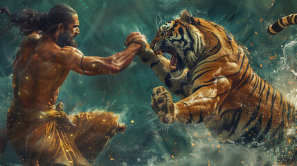 man fighting tiger Generative AI 