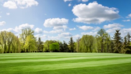 Naklejka premium Beautiful blurred background image of spring nature with a neatly trimmed lawn surrounded 