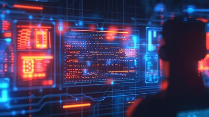 Obraz premium Silhouette of a man analyzing data on multiple futuristic digital screens with vibrant blue and red neon hues in a dark room.