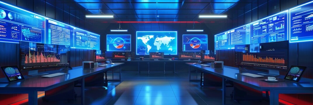 A modern marketers office with screens displaying AI algorithms analyzing user behavior and optimizing ad campaigns. Generative AI