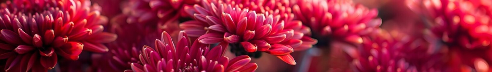 Fototapeta premium Vibrant Red Chrysanthemum Flowers Blooming in Autumn Garden, Nature Art Design