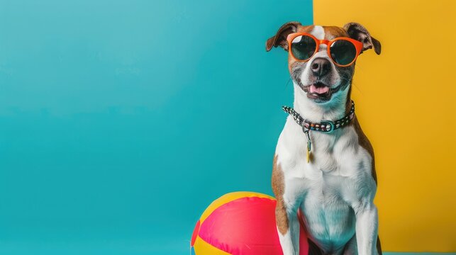 Playful dog wearing sunglasses sits next to a colorful beach ball against a vibrant background. Fun summer and beach vibes.