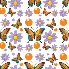 Colorful butterflies and flowers with orange circles