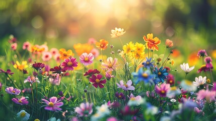 Fototapeta premium Colorful Zinnia Flowers in Sunny Garden, Spring/Summer Nature Outdoors