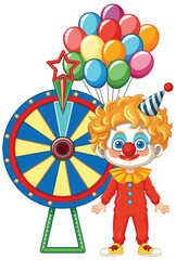 Naklejka premium Cheerful clown holding balloons beside a colorful wheel