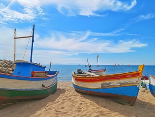 Obraz premium A few boats are sitting on the beach, with the ocean in the background