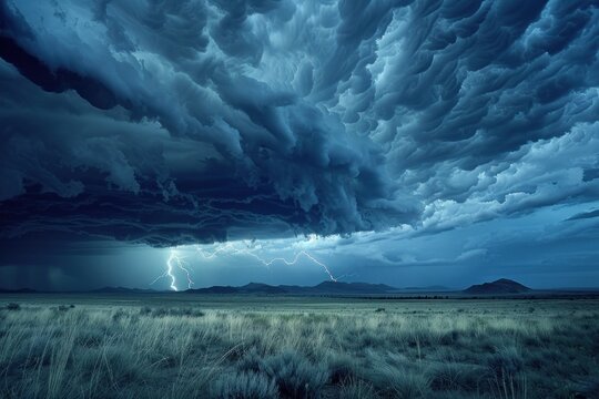 A dramatic thunderstorm over a vast plain with dark storm clouds rolling in and lightning bolts illuminating the sky The scene captures the raw power and intensity of nature as the storm approaches