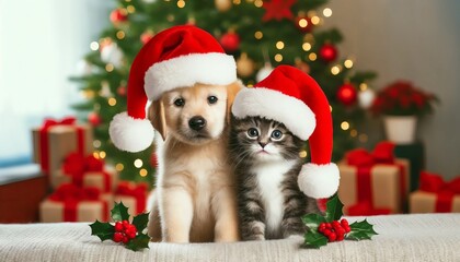 A cute puppy and kitten wears a red Santa hat, sitting against decorated Christmas tree background. Christmas greeting card