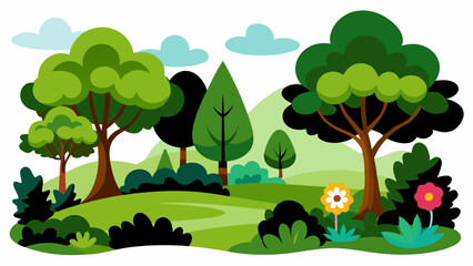 cartoon loony tunes style forest landscape, several kinds of beautiful trees, vector