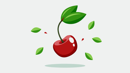 cherry with half pieces falling or floating in the air with green leaves isolated 