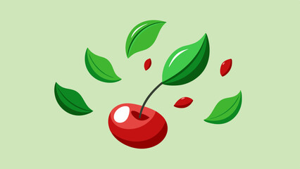 cherry with half pieces falling or floating in the air with green leaves isolated 
