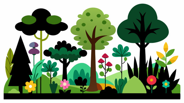 cartoon loony tunes style forest landscape, several kinds of beautiful trees, vector