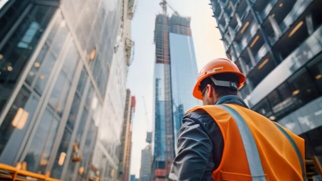 civil engineer meticulously inspecting the structural integrity of a towering skyscraper under construction, . generative ai


