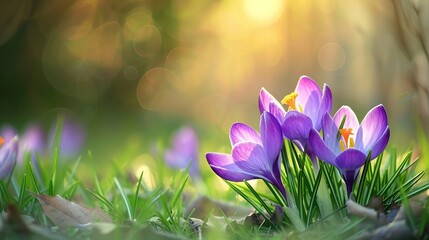 Blooming Crocus Spring Flowers in Vibrant Purple and Yellow Blossoms