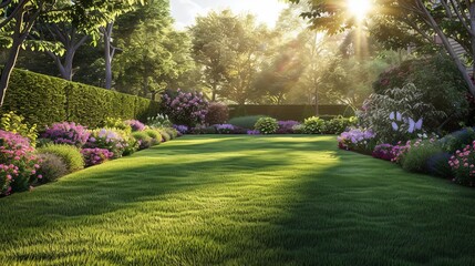 Obraz premium Lush English Garden with Freshly Mowed Lawn, Flower Bed, and Leafy Trees