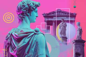 Male statue close-up on neon background side view.