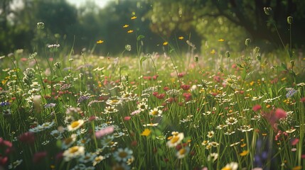 Field of Vibrant Wildflowers Blooming Under Clear Blue Sky