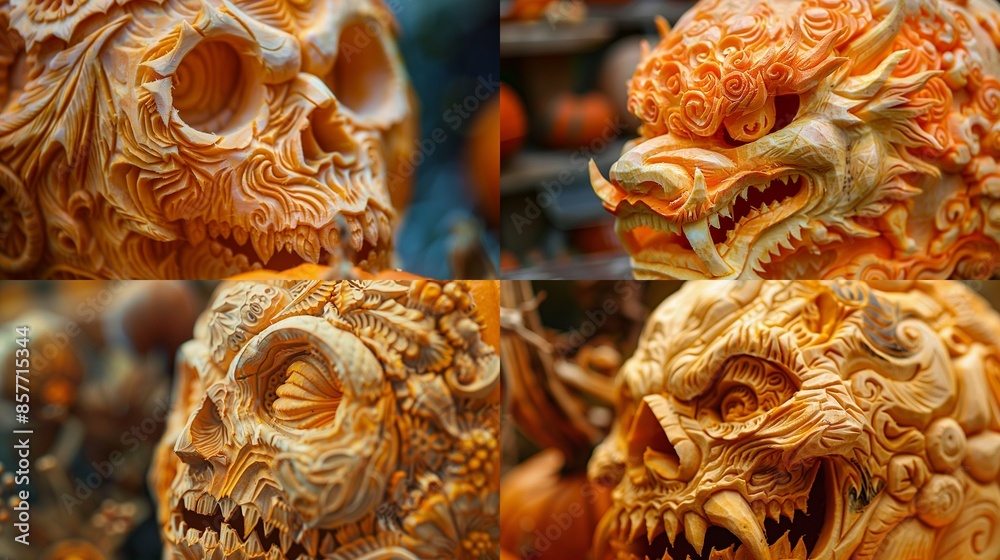 Wall mural A detailed close-up of a carved pumpkin with an intricate design. - Wall murals