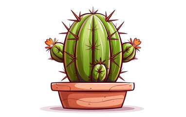 Illustration of a cute potted cactus with vibrant green color and red flower blooms on top, showcased in a simplistic, cartoonish style.
