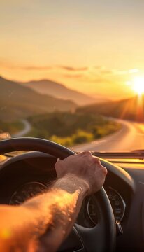 Driver s hands on steering wheel, summer road trip driving at sunset for vacation adventure