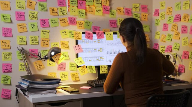 Rear view of woman works late at night, surrounded by a wall of sticky notes, tearing off completed tasks and focusing on her computer. Time management concept