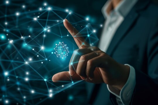 Businessman integrating global network icon among tech symbols in high quality photo