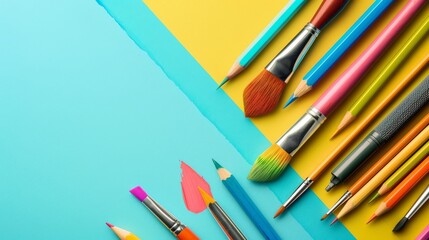 Paint, pencils and brushes on paper equipment for art